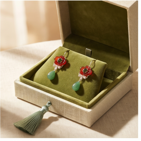 Crimson Poppy Green Teardrop Drop Earrings