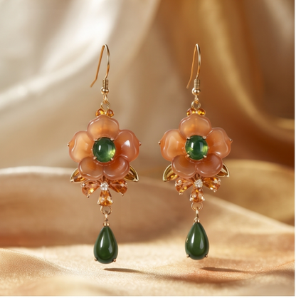 Amber Blossom Green Jade Drop Earrings