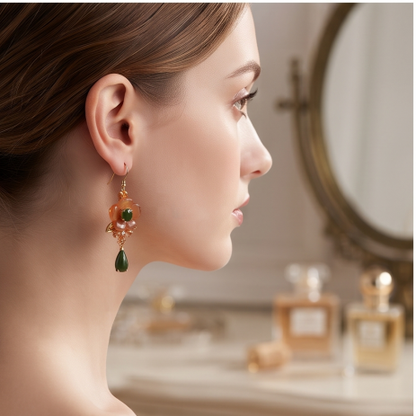 Amber Blossom Green Jade Drop Earrings