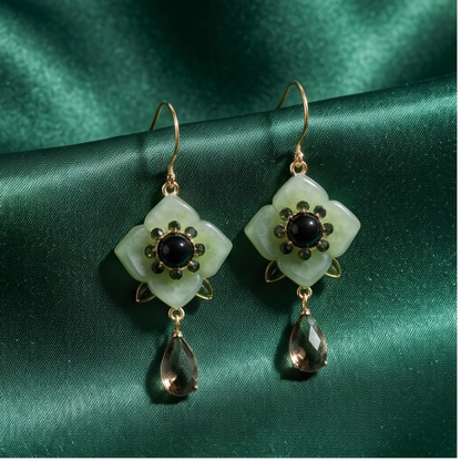 Sage Green Blossom Smoky Quartz Drop Earrings