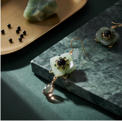 Sage Green Blossom Smoky Quartz Drop Earrings