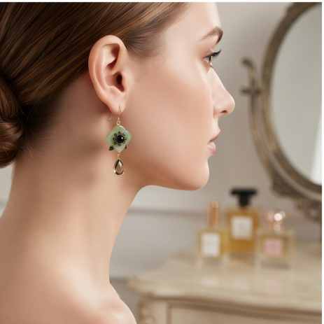 Sage Green Blossom Smoky Quartz Drop Earrings