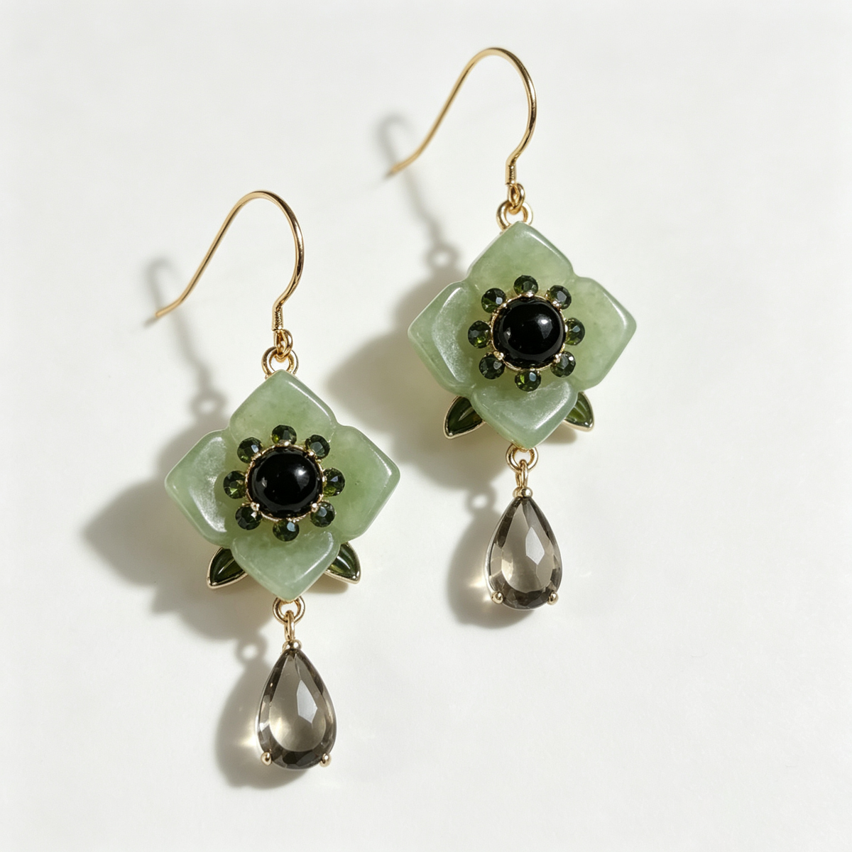 Sage Green Blossom Smoky Quartz Drop Earrings