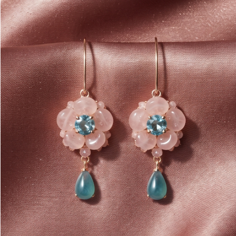 Rose Quartz Blue Crystal Blossom Drop Earrings