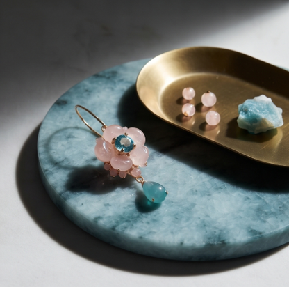 Rose Quartz Blue Crystal Blossom Drop Earrings