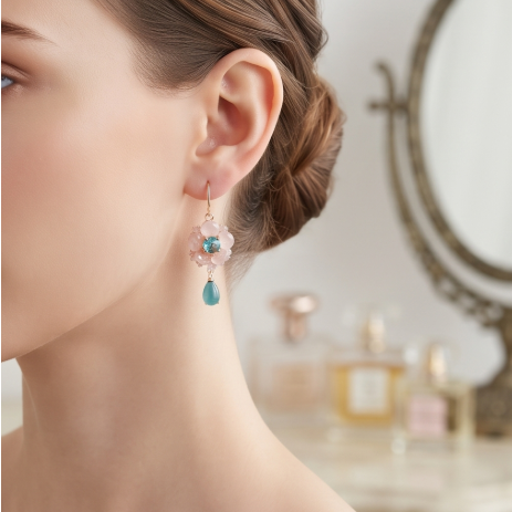 Rose Quartz Blue Crystal Blossom Drop Earrings