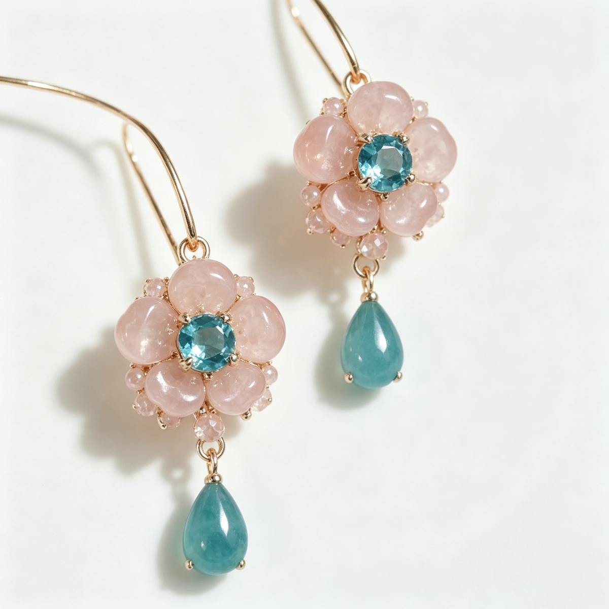 Rose Quartz Blue Crystal Blossom Drop Earrings