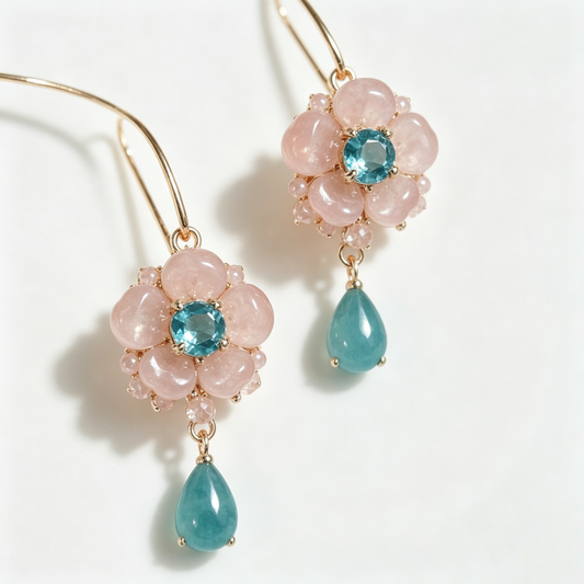Rose Quartz Blue Crystal Blossom Drop Earrings