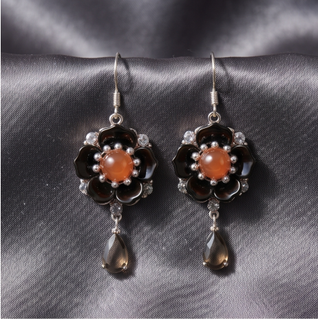 Black Blossom Orange Center Smoky Quartz Drop Earrings