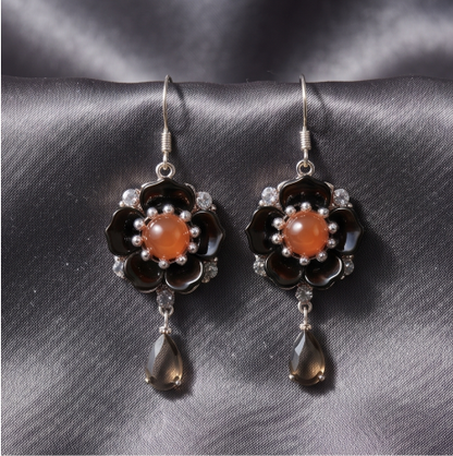 Black Blossom Orange Center Smoky Quartz Drop Earrings