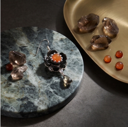 Black Blossom Orange Center Smoky Quartz Drop Earrings
