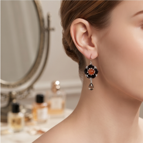 Black Blossom Orange Center Smoky Quartz Drop Earrings