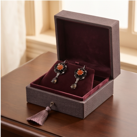 Black Blossom Orange Center Smoky Quartz Drop Earrings