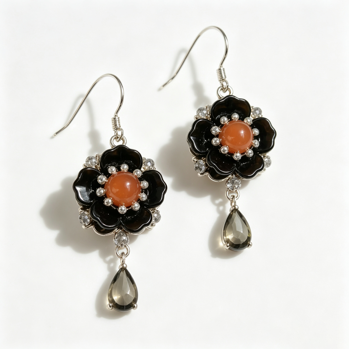 Black Blossom Orange Center Smoky Quartz Drop Earrings