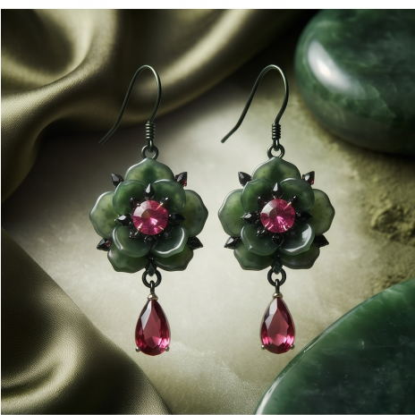 Dark Jade Ruby Blossom Drop Earrings