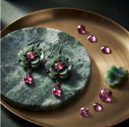 Dark Jade Ruby Blossom Drop Earrings