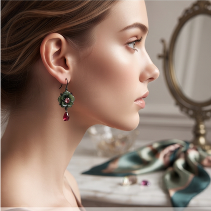 Dark Jade Ruby Blossom Drop Earrings