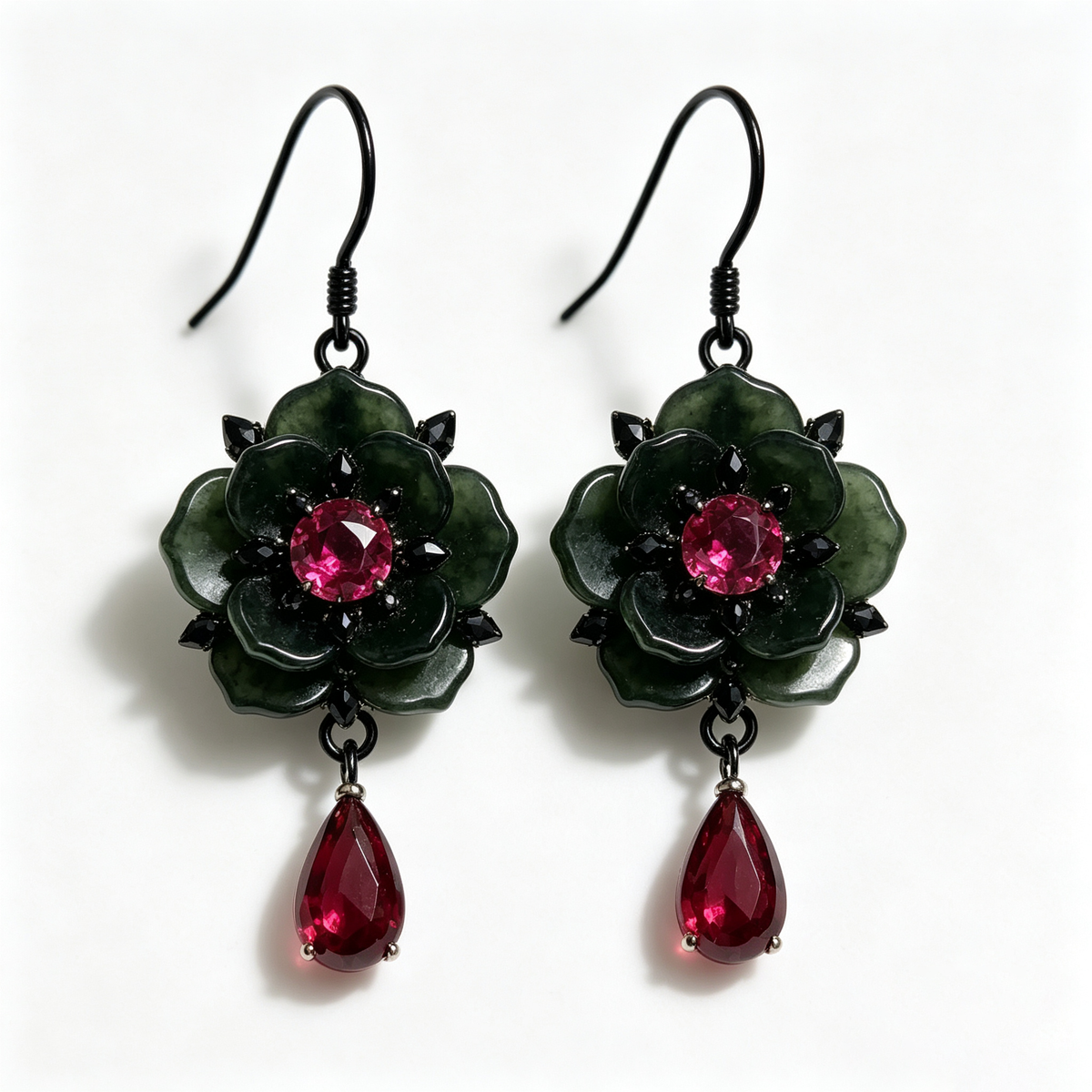 Dark Jade Ruby Blossom Drop Earrings
