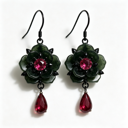 Dark Jade Ruby Blossom Drop Earrings