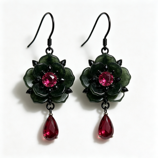 Dark Jade Ruby Blossom Drop Earrings