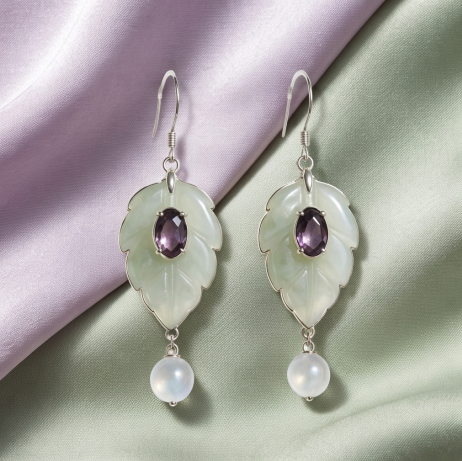 Sage Leaf Amethyst Crystal Drop Earrings