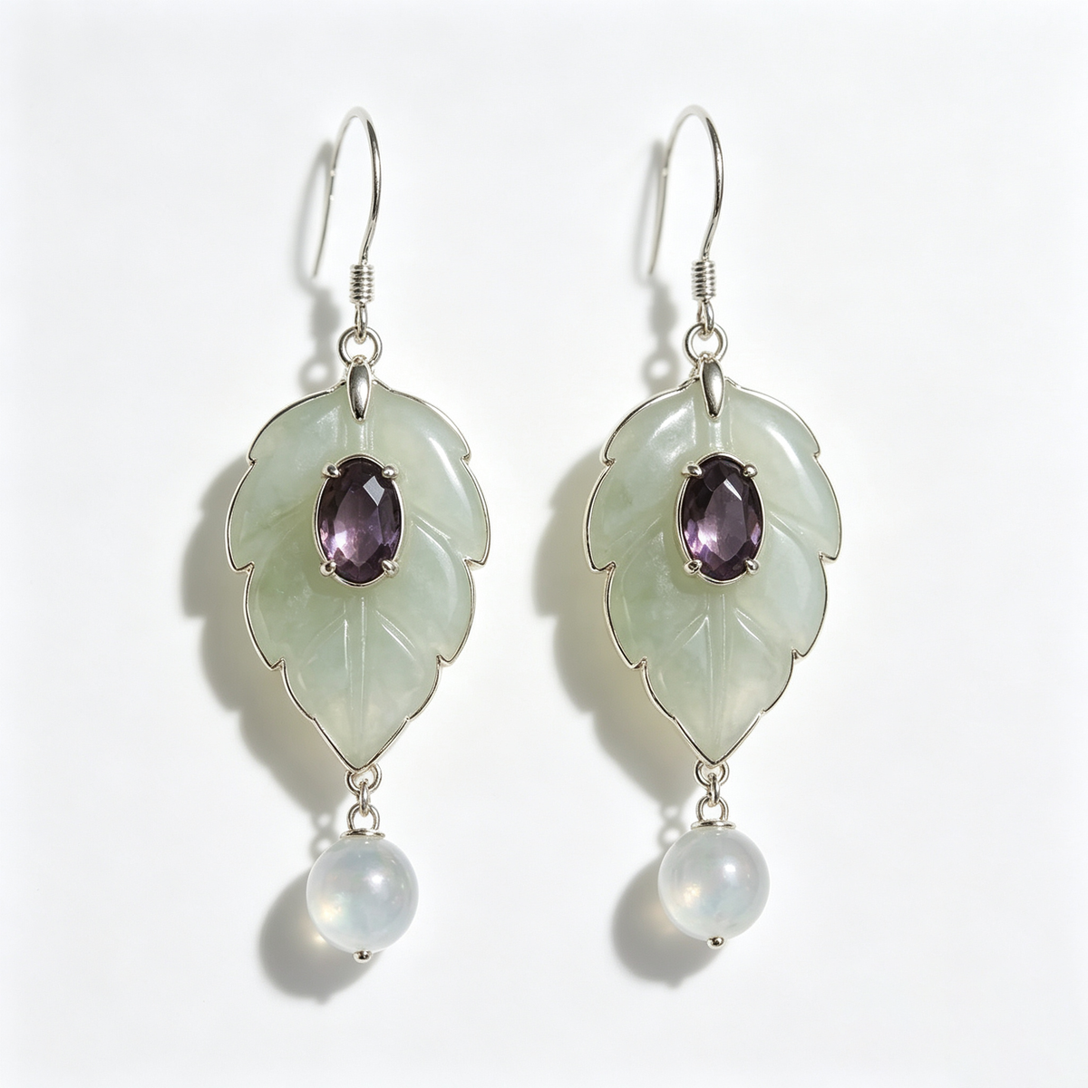 Sage Leaf Amethyst Crystal Drop Earrings