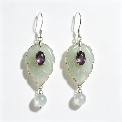 Sage Leaf Amethyst Crystal Drop Earrings