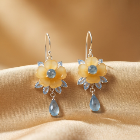Golden Blossom Blue Crystal Drop Earrings