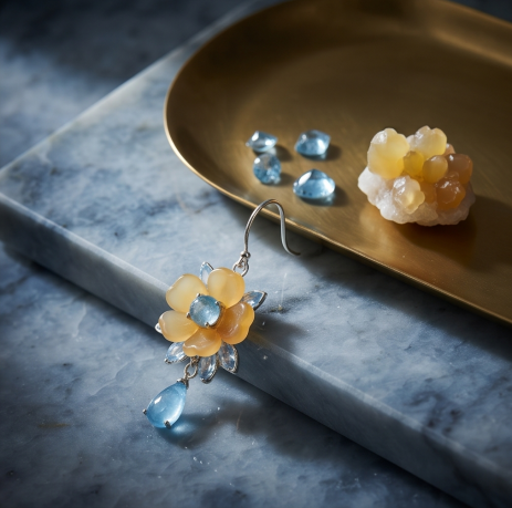 Golden Blossom Blue Crystal Drop Earrings