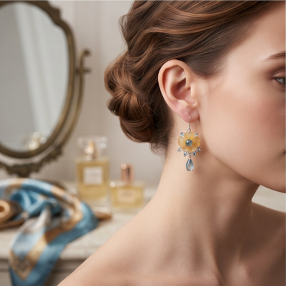 Golden Blossom Blue Crystal Drop Earrings