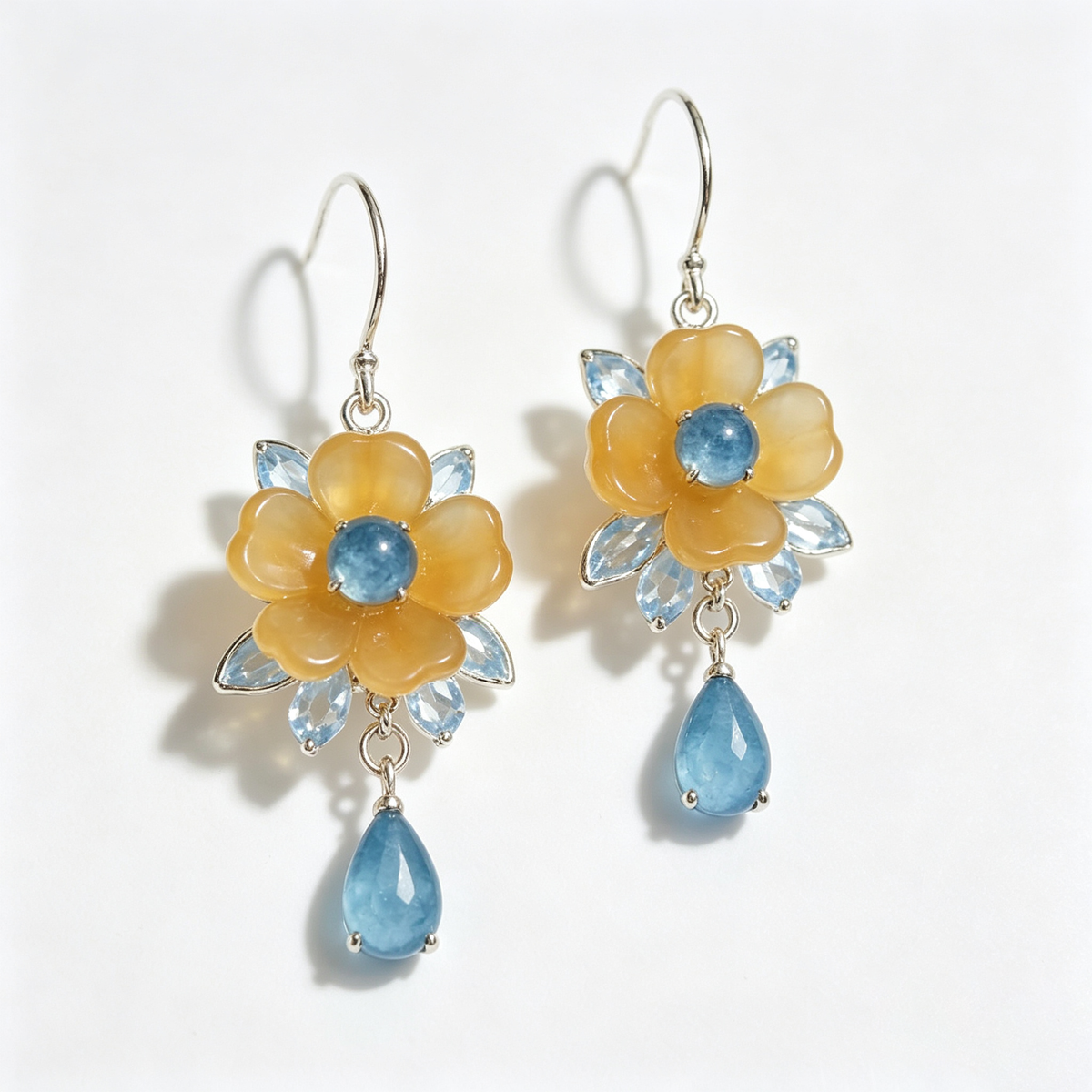 Golden Blossom Blue Crystal Drop Earrings
