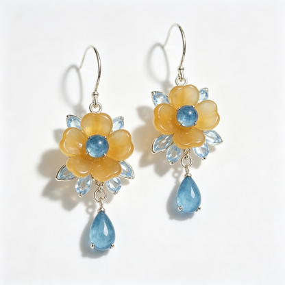 Golden Blossom Blue Crystal Drop Earrings
