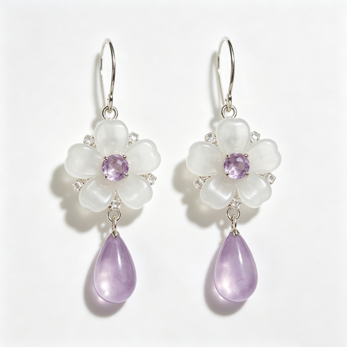 Pearlescent White Amethyst Blossom Drop Earrings