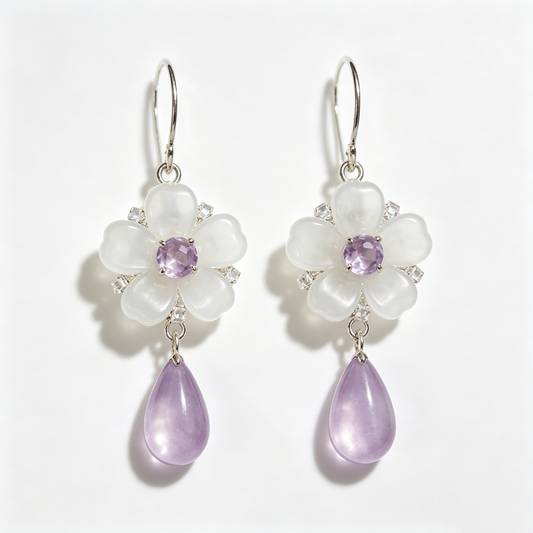 Pearlescent White Amethyst Blossom Drop Earrings