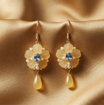 Golden Amber Blue Sapphire Blossom Drop Earrings