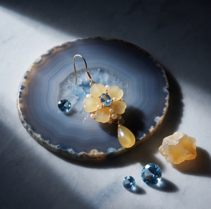 Golden Amber Blue Sapphire Blossom Drop Earrings