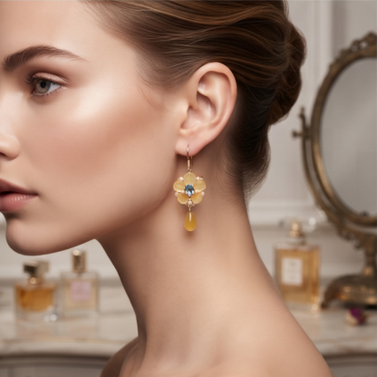Golden Amber Blue Sapphire Blossom Drop Earrings