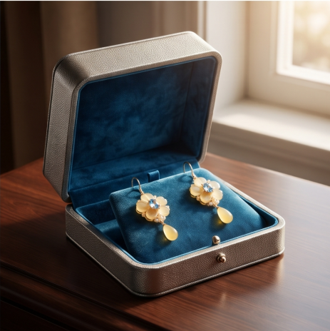 Golden Amber Blue Sapphire Blossom Drop Earrings