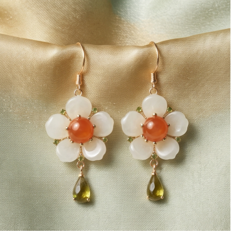 White Jade Orange Center Peridot Drop Earrings