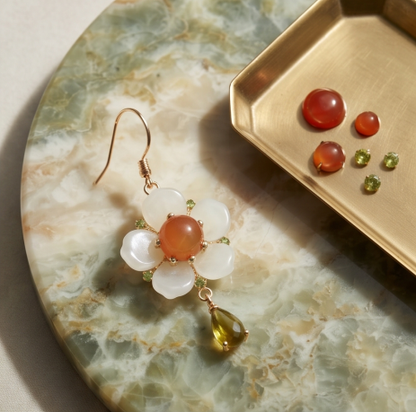 White Jade Orange Center Peridot Drop Earrings