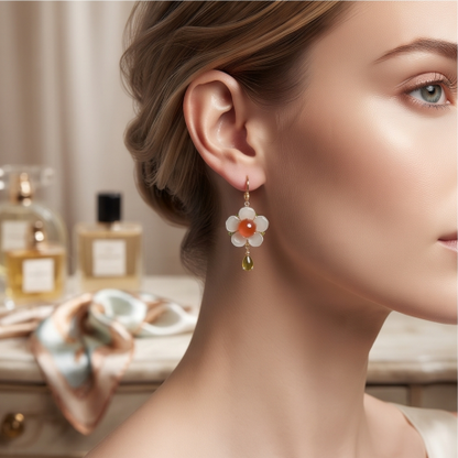 White Jade Orange Center Peridot Drop Earrings