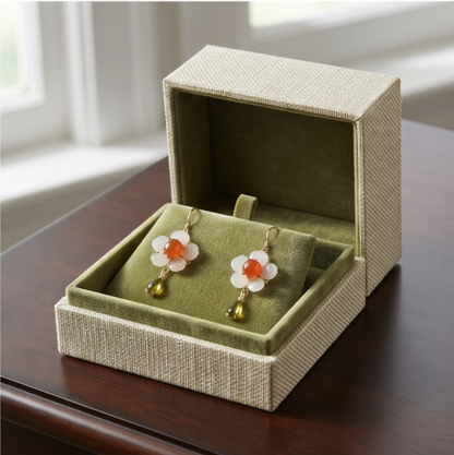 White Jade Orange Center Peridot Drop Earrings