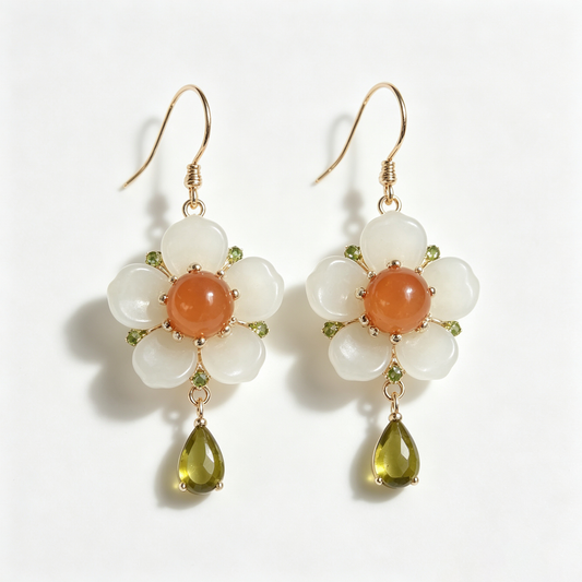 White Jade Orange Center Peridot Drop Earrings