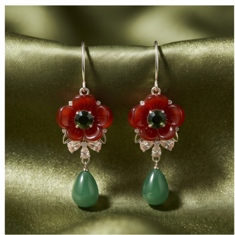 Crimson Poppy Green Teardrop Drop Earrings