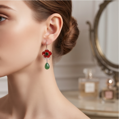 Crimson Poppy Green Teardrop Drop Earrings