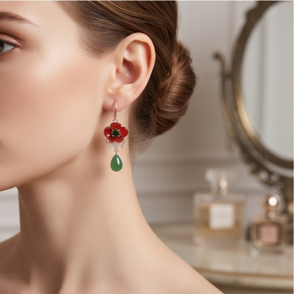 Crimson Poppy Green Teardrop Drop Earrings
