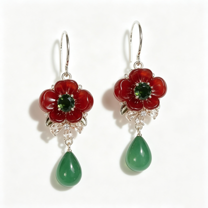 Crimson Poppy Green Teardrop Drop Earrings