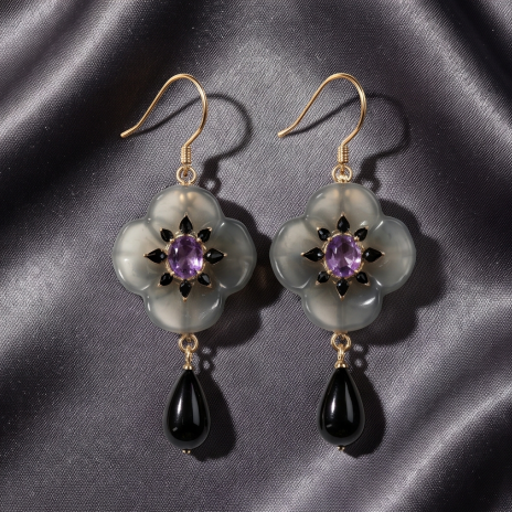Smoky Quartz Amethyst Clover Drop Earrings