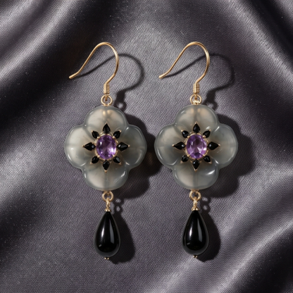 Smoky Quartz Amethyst Clover Drop Earrings