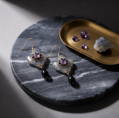 Smoky Quartz Amethyst Clover Drop Earrings